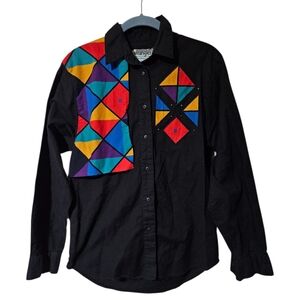 VTG Wrangler Western Shirt Womens Small Black Geometric Patchwork Rodeo 80s 90s